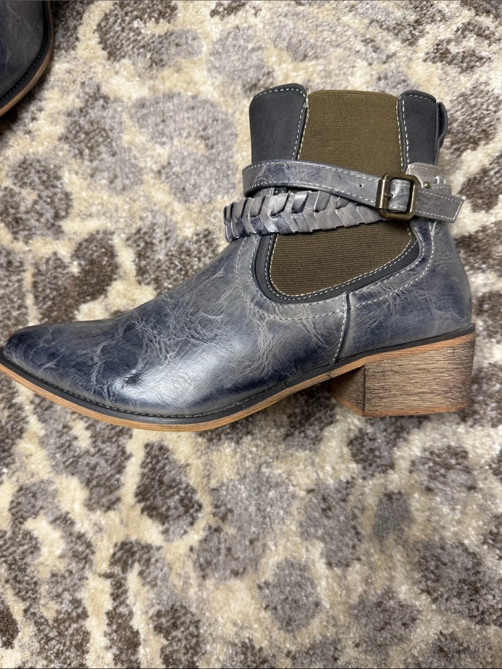New-Maurices Gray Distressed Western Cutout Ankle Boots with Braided Strap